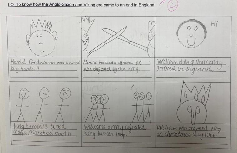 Story layout with drawings and writing explaining how the Normans took over from the Anglo Saxons in England.