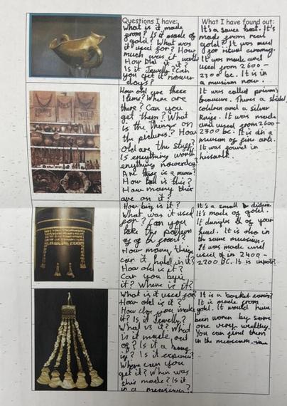 Worksheet with pictures of artefacts and writing describing what questions the child might ask and then the answers.